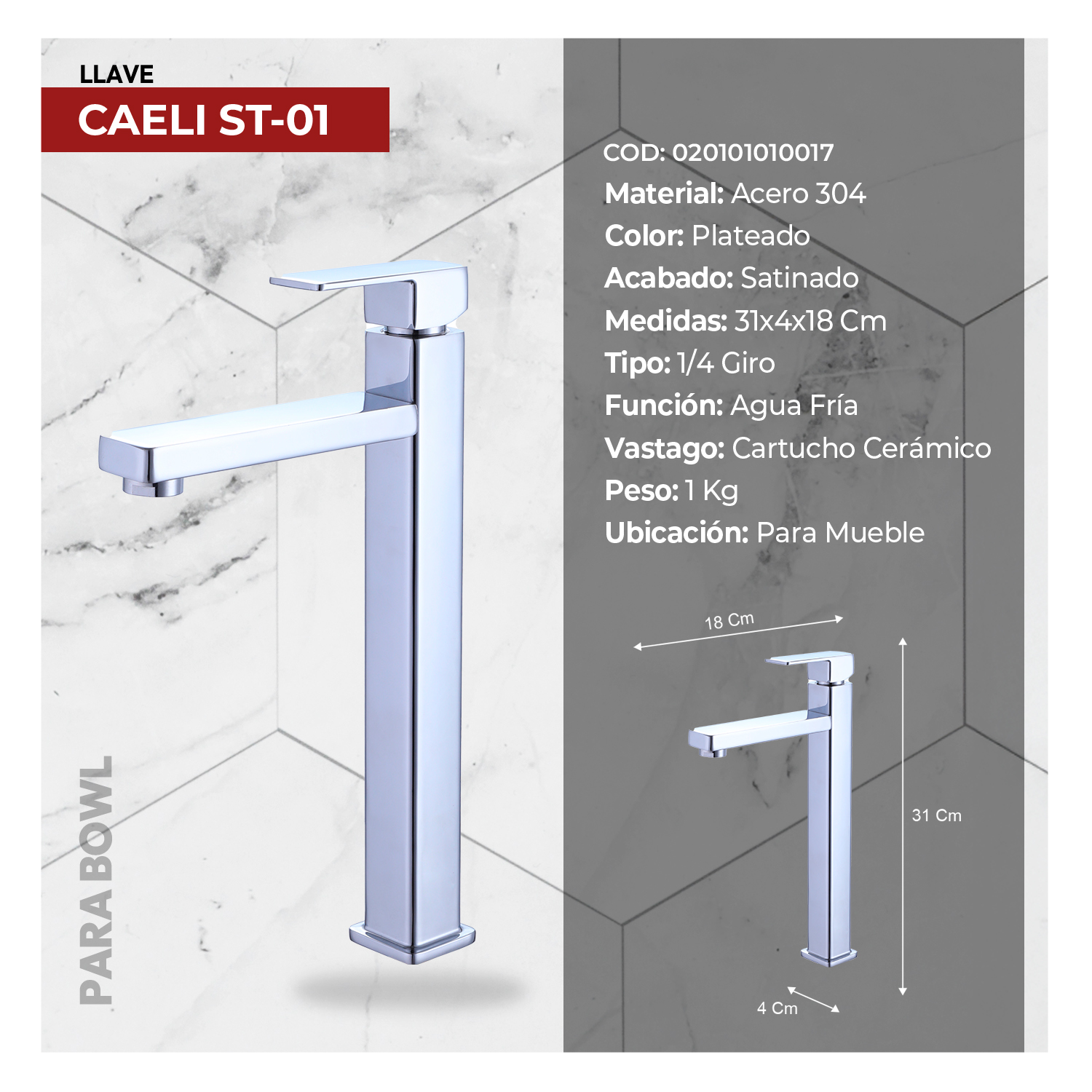 MEZCLADORA MONOCOMANDO P/BOWL CAELI ST-01 STONE - Imagen 2