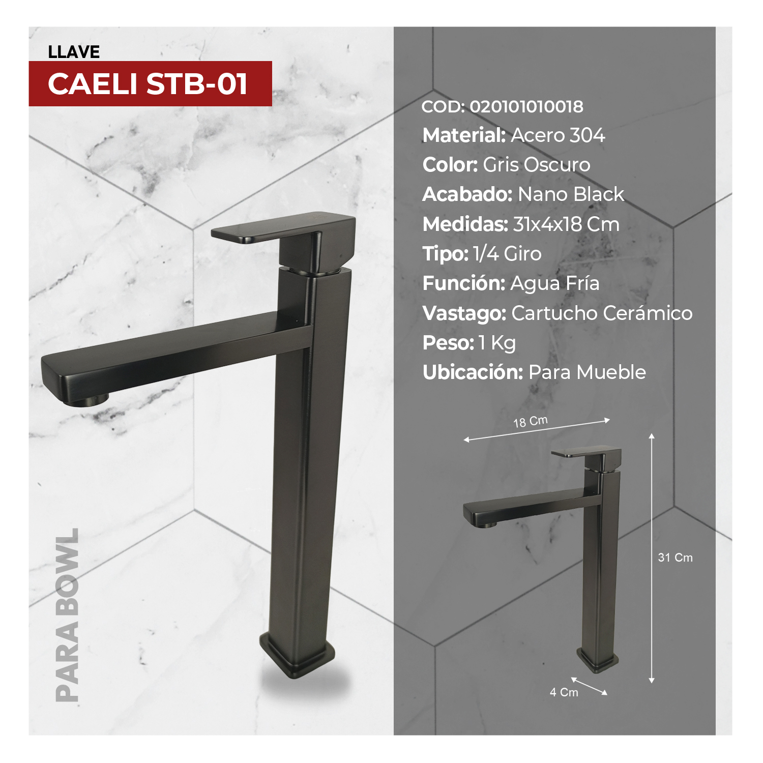 MEZCLADORA MONOCOMANDO P/BOWL AL MUEBLE CAELI STB-01 BLACK STONE - Imagen 2