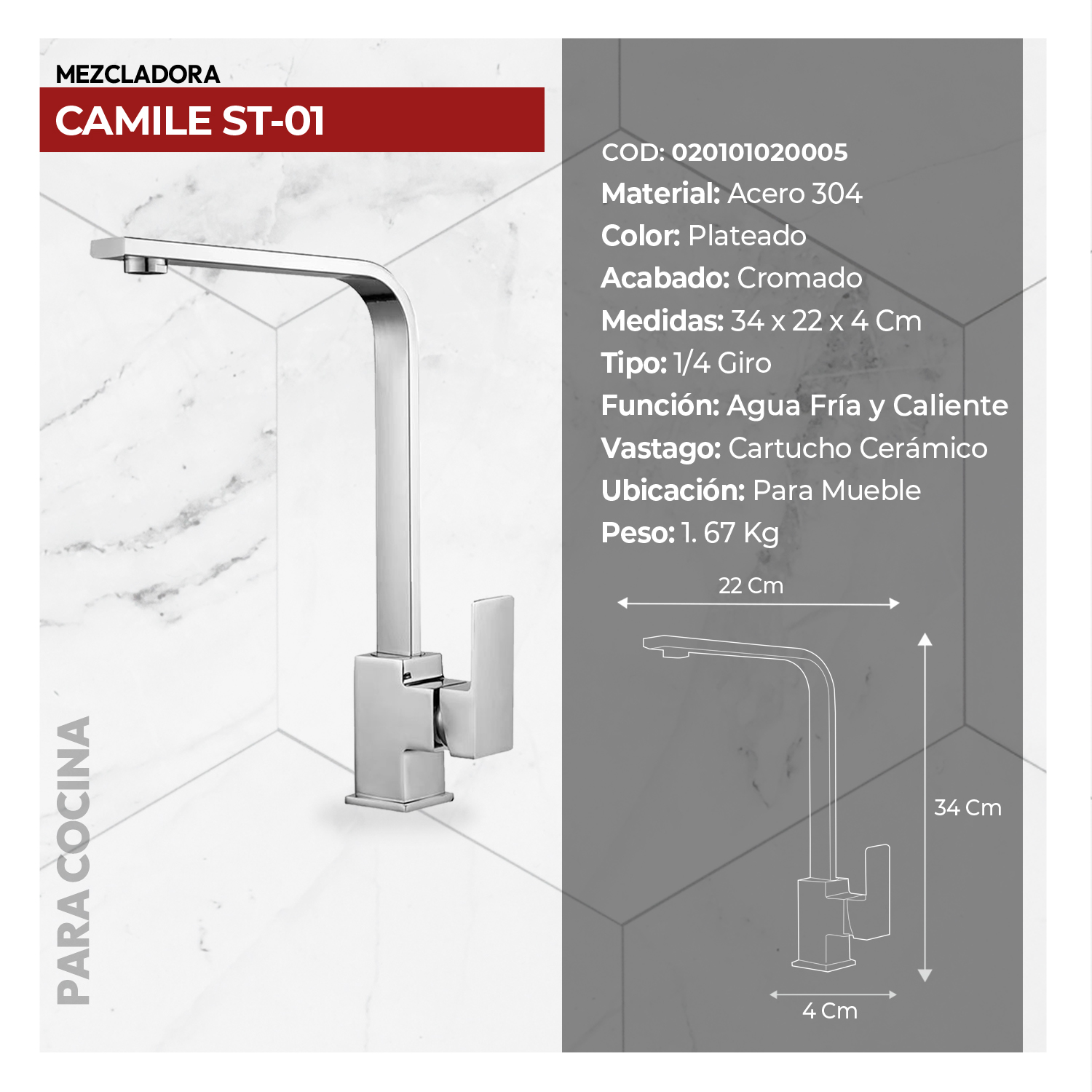 MEZCLADORA MONOCOMANDO P/COCINA CAMILE ST-01 CROMADO STONE - Imagen 2