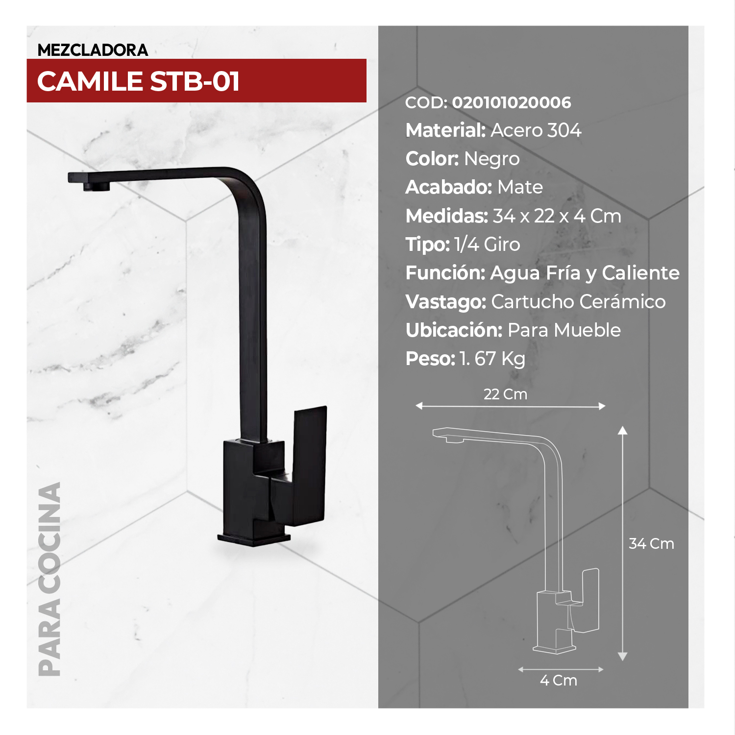 MEZCLADORA MONOCOMANDO P/COCINA CAMILE STB-01 BLACK STONE - Imagen 2