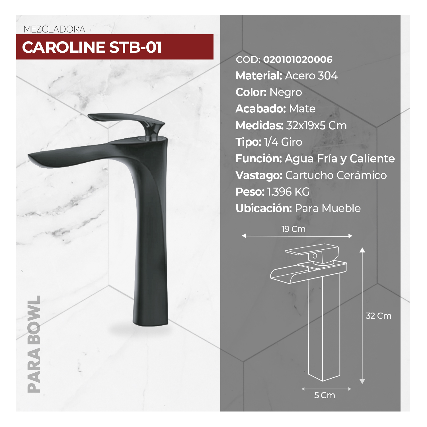 MEZCLADORA MONOCOMANDO P/BOWL AL MUEBLE CAROLINE STB-01 BLACK STONE - Imagen 3