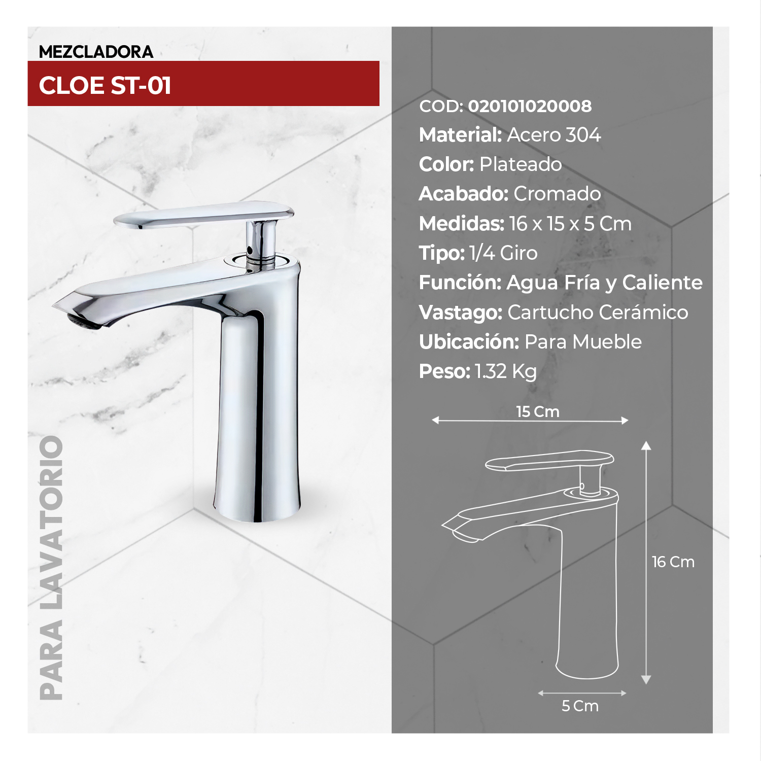 MEZCLADORA MONOCOMANDO P/LAVATORIO CLÓE ST-01 CROMADO STONE - Imagen 2