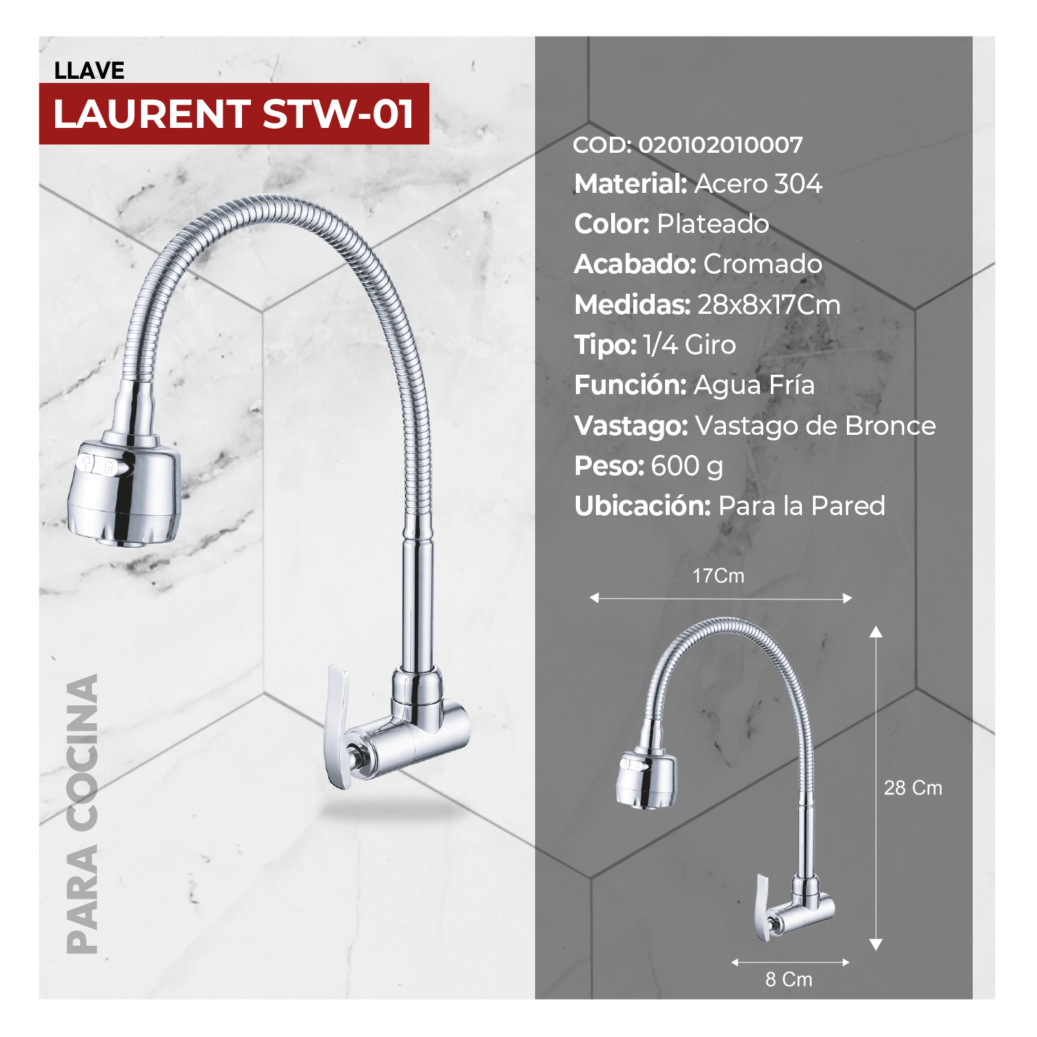 LLAVE DE LAVADERO A LA PARED LAURENT STW-01 CROMADO STONE - Imagen 2