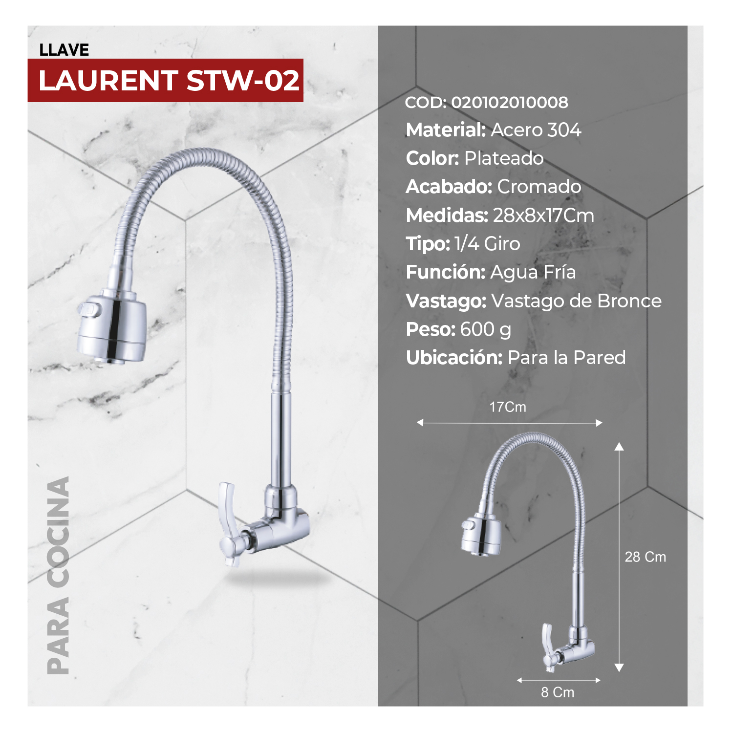 LLAVE DE LAVADERO A LA PARED LAURENT STW-02 CROMADO STONE - Imagen 2