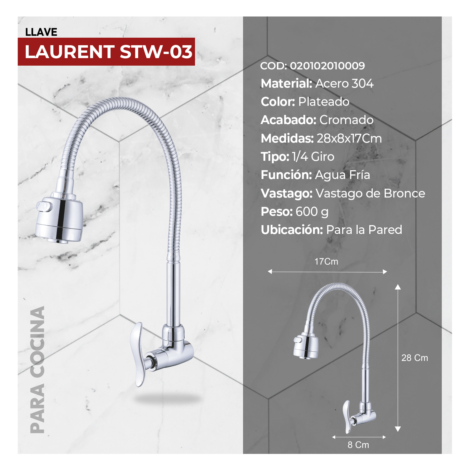 LLAVE DE LAVADERO A LA PARED LAURENT STW-03 CROMADO STONE - Imagen 2