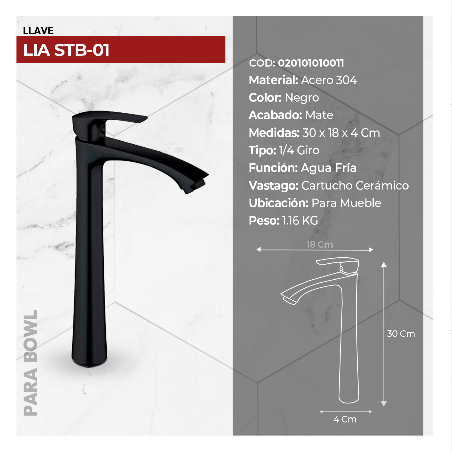 LLAVE P/BOWL LIA STB-01 BLACK STONE - Imagen 2