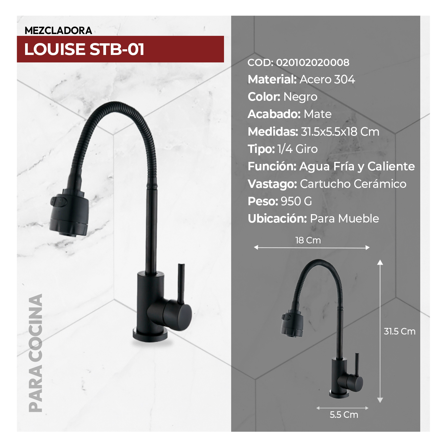 MEZCLADORA MONOCOMANDO P/COCINA AL MUEBLE LOUISE STB-01 BLACK STONE - Imagen 2