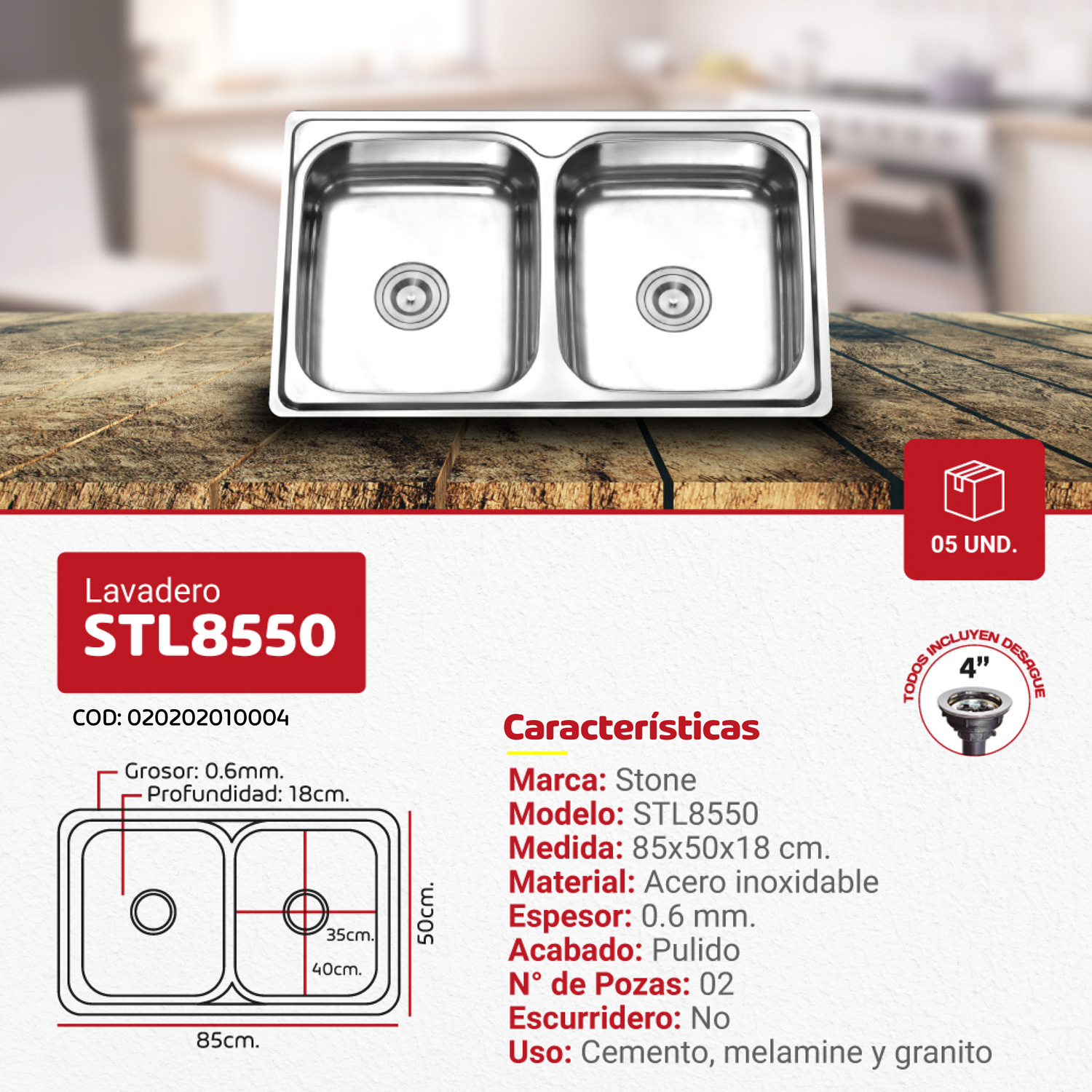 LAVADERO DE COCINA PRIME STL8550 - Imagen 2