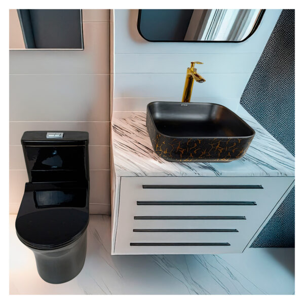 COMBO DE  INODORO ONE PIECE MINIMALISTA STAN NEGRO+ BOWL MINIMALISTA AMALIA MOCCA + DESAGUE PUP UP GRANDE P/BOWL BLACK
