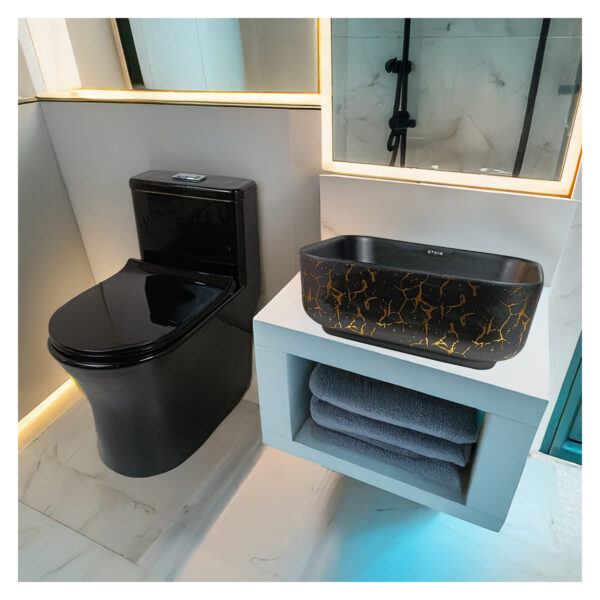 COMBO DE  INODORO ONE PIECE MINIMALISTA STAN NEGRO+ BOWL MINIMALISTA AMALIA MOCCA + DESAGUE PUP UP GRANDE P/BOWL BLACK - Imagen 2