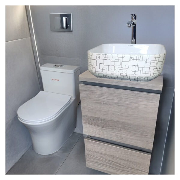 COMBO DE  INODORO ONE PIECE MINIMALISTA STAN BLANCO+ BOWL MINIMALISTA AMALIA MARMOLEADO+ DESAGUE PUP UP GRANDE P/BOWL CROMADO - Imagen 2