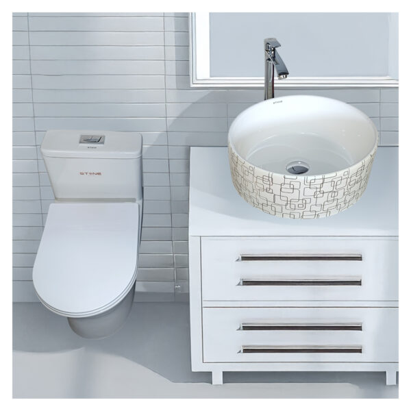 COMBO DE  INODORO ONE PIECE MINIMALISTA  STAN BLANCO + BOWL REDONDO LEWIS+ DESAGUE PUP UP GRANDE P/BOWL CROMADO