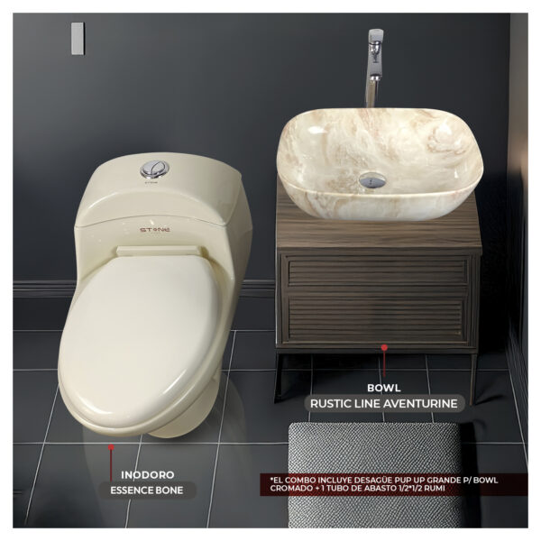 COMBO DE  INODORO ONE PIECE ESSENCE BONE + BOWL RUSTIC LINE AVENTURINE + DESAGUE PUP UP GRANDE P/BOWL CROMADO