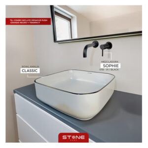 COMBO BOWL MINIMALISTA  AMALIA  CLASSIC STONE + MEZCLADORA MONOCOMANDO P/BOWL  A LA PARED SOPHIE STB-01 BLACK +DESAGUE POP UP GRANDE BLACK S/REBOSE P/BOWL 23 CM + TRAMPA P  STONE
