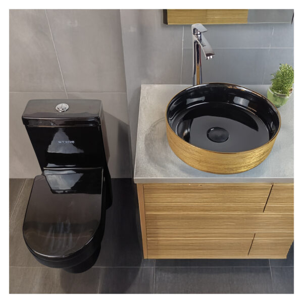 COMBO DE  INODORO ONE PIECE MINIMALISTA SANDER  NEGRO + BOWL RUSTIC LINE TOPAZ+ DESAGUE PUP UP GRANDE P/BOWL BLACK