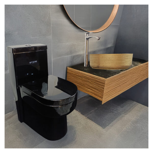 COMBO DE  INODORO ONE PIECE MINIMALISTA SANDER  NEGRO + BOWL RUSTIC LINE TOPAZ+ DESAGUE PUP UP GRANDE P/BOWL BLACK - Imagen 2