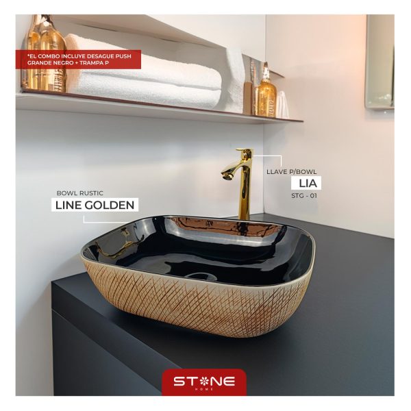 COMBO BOWL  RUSTIC LINE GOLDEN BLACK + LLAVE P/BOWL LIA STG +DESAGUE POP UP GRANDE BLACK S/REBOSE P/BOWL 23 CM + TRAMPA  P STONE