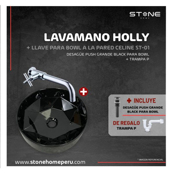 COMBO BOWL REDONDO HOLLY NEGRO + LLAVE P BOWL A LA PARED CELINE ST-01 + DESAGUE POP UP GRANDE BLACK S/REBOSE P/BOWL 18 CM + TRAMPA P - Imagen 2