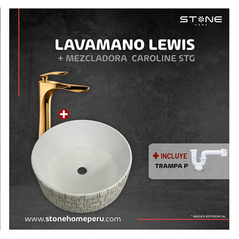 COMBO BOWL LEWIS BLANCO + MEZCLADORA P/BOWL CAROLINE STG-01 GOLDEN + DESAGUE POP UP GRANDE DORADO S/REBOSE P/BOWL CUERPO 10CM COLA 18 CM STONE - Imagen 2