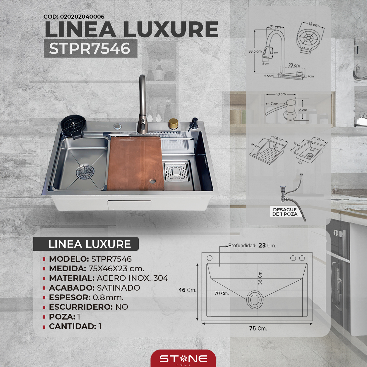 LAVADERO DE COCINA LINEA LUXURE STPR7546 SATINADO - Imagen 2
