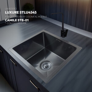 COMBO DE LAVADERO LUXURE STLU4545 + MEZCLADORA P/COCINA AL MUEBLE CAMILE STB-01 CON ESCURRIDOR(EXONERADO) STONE