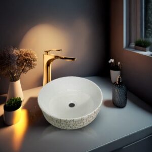 COMBO BOWL LEWIS BLANCO + MEZCLADORA P/BOWL CAROLINE STG-01 GOLDEN + DESAGUE POP UP GRANDE DORADO S/REBOSE P/BOWL CUERPO 10CM COLA 18 CM STONE