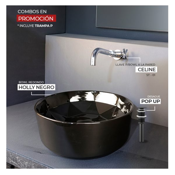 COMBO BOWL REDONDO HOLLY NEGRO + LLAVE P BOWL A LA PARED CELINE ST-01 + DESAGUE POP UP GRANDE BLACK S/REBOSE P/BOWL 18 CM + TRAMPA P