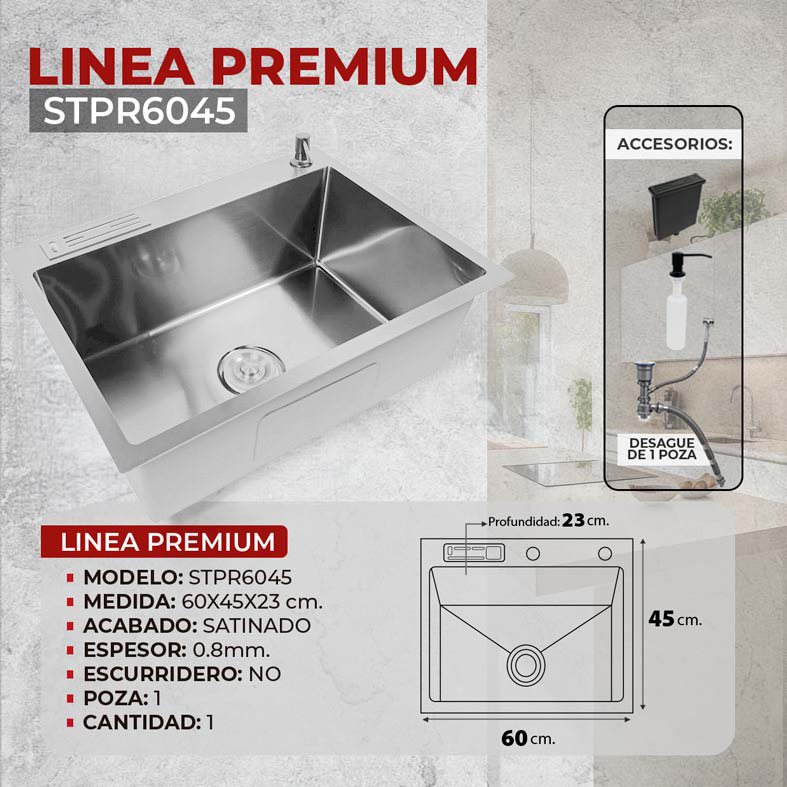 LAVADERO DE ACERO PREMIUM STPR6045 CON PORTACUCHILLO Y DISPENSADOR DE JABON SATINADO STONE - Imagen 3