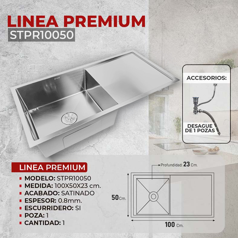 LAVADERO DE ACERO LINEA PREMIUM STPR10050 SATINADO STONE - Imagen 3