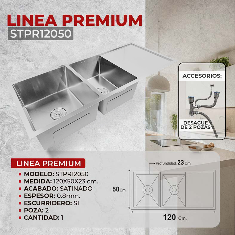 LAVADERO DE ACERO LINEA PREMIUM STPR12050 STONE - Imagen 3