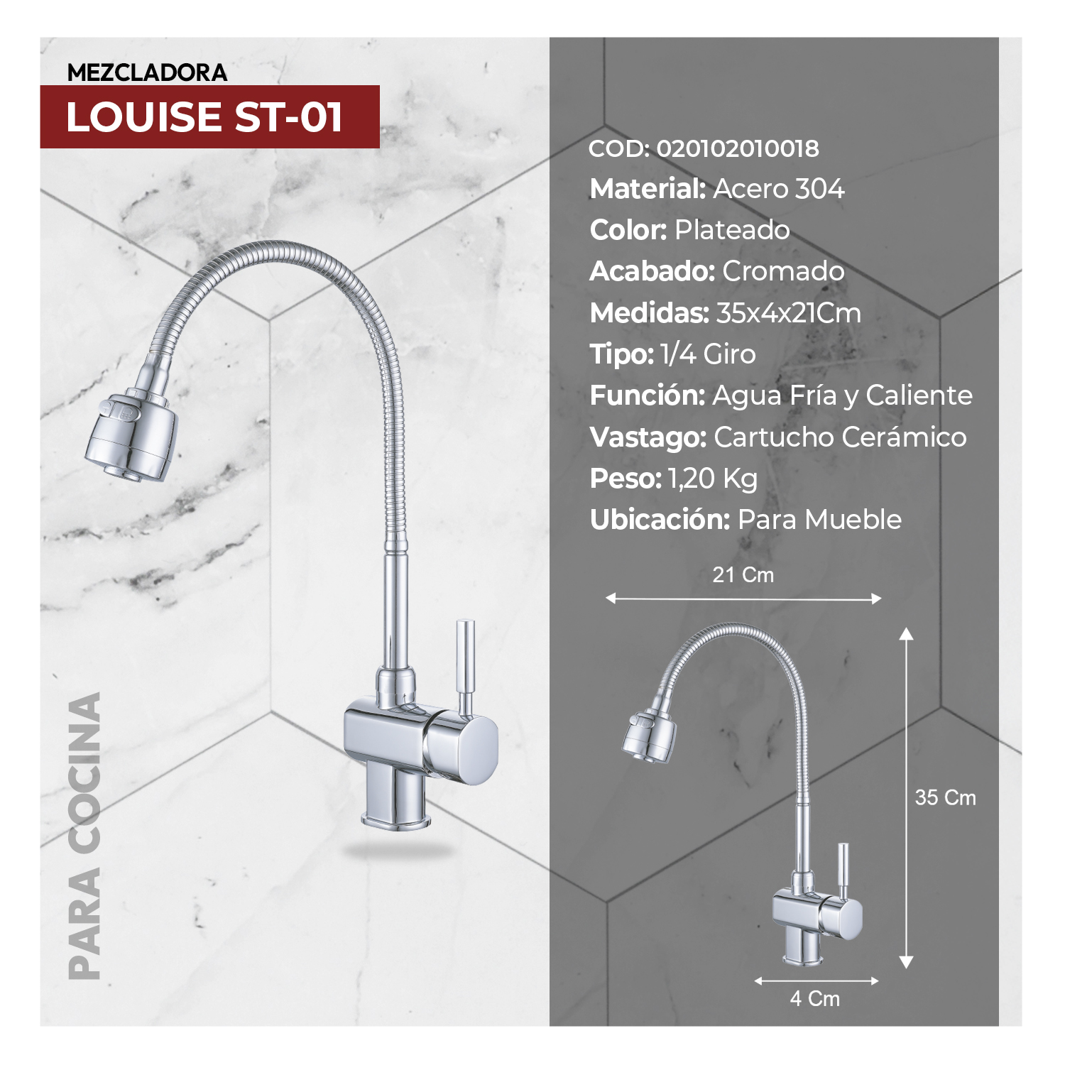 MEZCLADORA MONOCOMANDO P/COCINA AL MUEBLE LOUISE ST-01 CROMADO STONE - Imagen 2