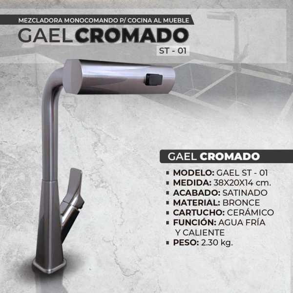 MEZCLADORA MONOCOMANDO P/COCINA  AL MUEBLE  GAEL  ST-01 CROMADO - Imagen 3
