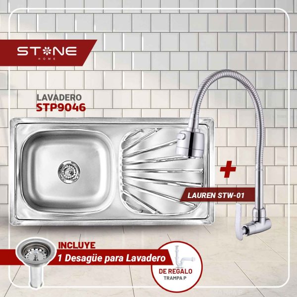 COMBO LAVADERO DE ACERO SIGNATURE STP9046 + LAURENT STW-01 STONE + DESAGUE C/TRAMPA DE I.5" PARA LAVADERO