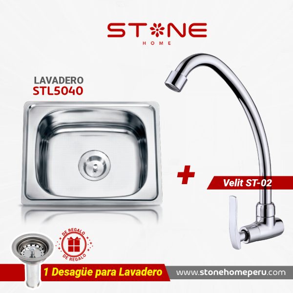 COMBO LAVADERO DE ACERO PRIME STL5040 DESAGUE DE LAVADERO +VELIT STW-02 STONE