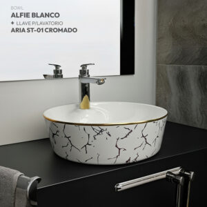 COMBO BOWL ALFIE BLANCO + LLAVE P/LAVATORIO ARIA ST-01 CROMADO + DESAGUE POP UP GRANDE CROMADO S/REBOSE P/BOWL CUERPO 10CM COLA 18 CM STONE
