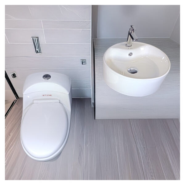 COMBO DE INODORO ONE PIECE BASIC BLANCO + BOWL LAURE BLANCO STONE+ DESAGUE PUP UP PEQUEÑO+ 1 TUBO DE ABASTO 1/2*1/2 RUMI - Imagen 2