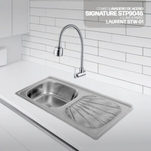 COMBO LAVADERO DE ACERO SIGNATURE STP9046 + LAURENT STW-01 STONE + DESAGUE C/TRAMPA DE I.5" PARA LAVADERO