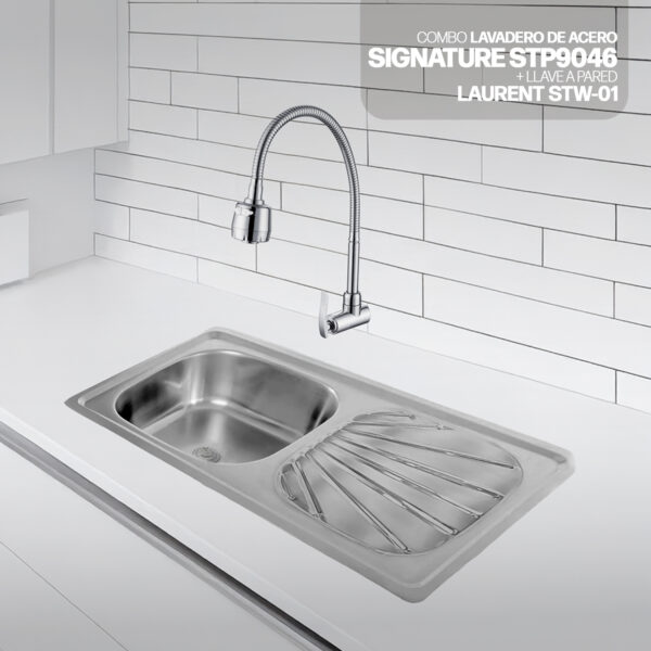 COMBO LAVADERO DE ACERO SIGNATURE STP9046 + LAURENT STW-01 STONE + DESAGUE C/TRAMPA DE I.5" PARA LAVADERO