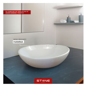 COMBO BOWL HANNA BLANCO + DESAGÜE POP UP GRANDE CROMADO S/REBOSE P/BOWL CUERPO 10CM COLA 18 CM + TRAMPA P CON REGISTRO PVC STONE