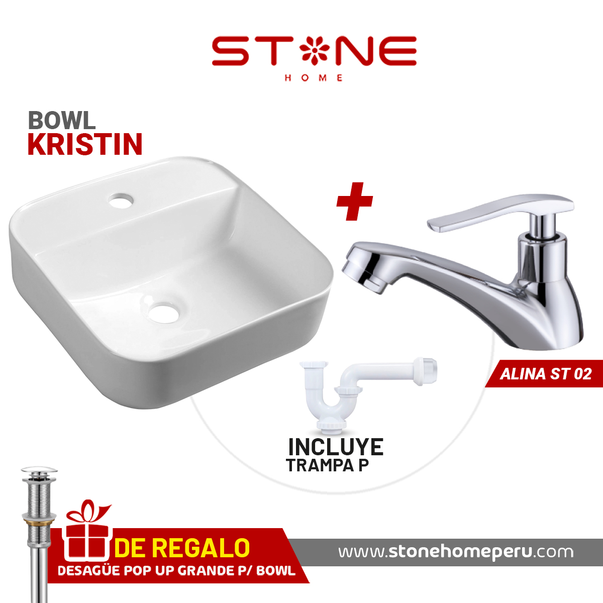 COMBO BOWL KRISTIN+ ALINA ST-02 + DESAGUE POP UP GRANDE S/REBOSE Y TRAMPA P - Imagen 2