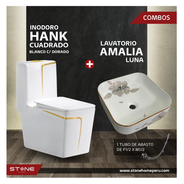 COMBO HANK CUADRADO BLANCO CON DORADO + BOWL AMALIA LUNA + DESAGUE POP UP GRANDE +  TUBO DE ABASTO 1/2*1/2 STONE