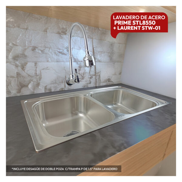 COMBO DE LAVADERO DE ACERO PRIME STL8550 STONE + LLAVE LAURENT STW-01 + DESAGÜE DE DOBLE POZA  C/TRAMPA P DE 1.5" PARA LAVADERO
