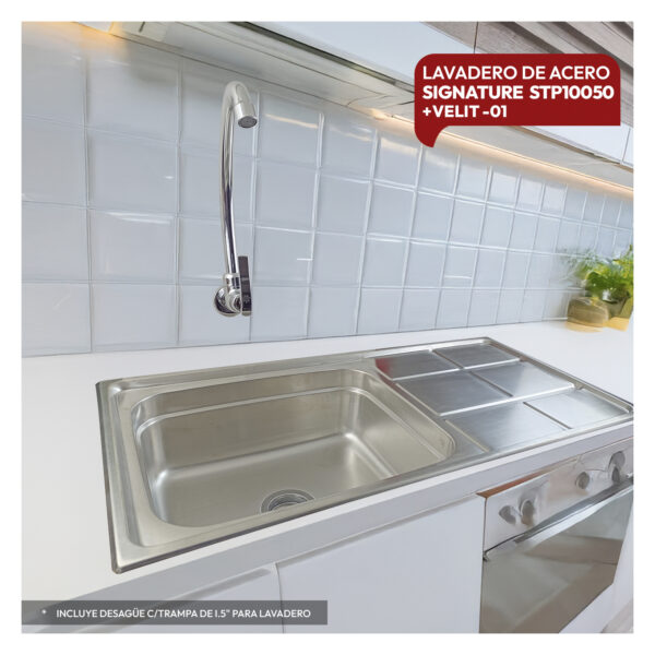 COMBO LAVADERO DE ACERO SIGNATURE STP10050 + VELIT-01 + DESAGUE C/TRAMPA DE I.5" PARA LAVADERO
