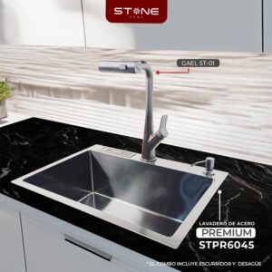 COMBO DE LAVADERO PREMIUM STPR6045 + MEZCLADORA P/COCINA AL MUEBLE GAEL ST-01 CON ESCURRIDOR(EXONERADO) STONE