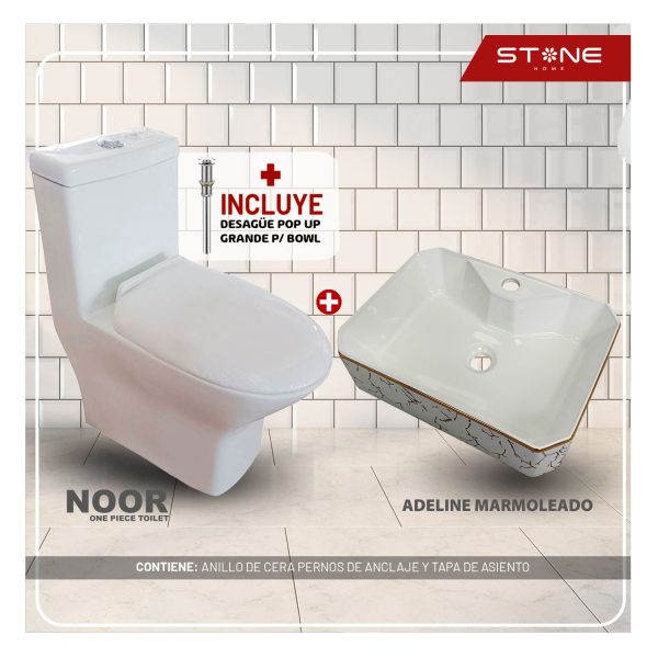 COMBO DE  INODORO NOOR BLANCO+ BOWL MINIMALISTA  ADELINE MARMOLEADO+ DESAGUE PUP UP GRANDE P/BOWL CROMADO