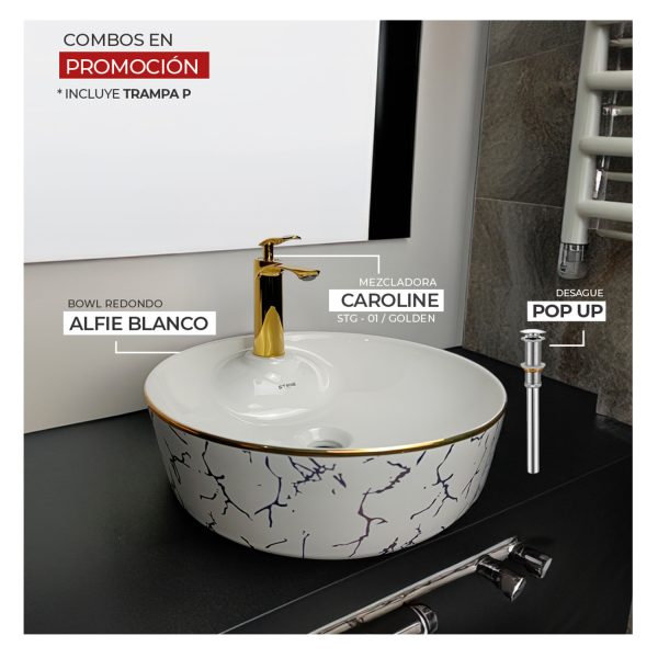 COMBO BOWL REDONDO ALFIE  BLANCO STONE + MEZCLADORA CAROLINE STG-01 GOLDEN STONE  + DESAGUE POP UP GRANDE S/REBOSE P/BOWL 23 CM + TRAMPA P
