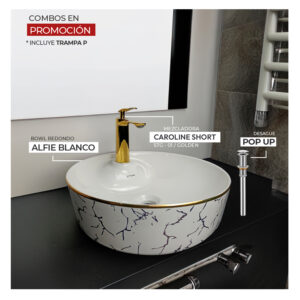 COMBO BOWL REDONDO ALFIE  BLANCO STONE + MEZCLADORA CAROLINE SHORT STG-01 GOLDEN STONE + DESAGUE POP UP GRANDE DORADO S/REBOSE P/BOWL