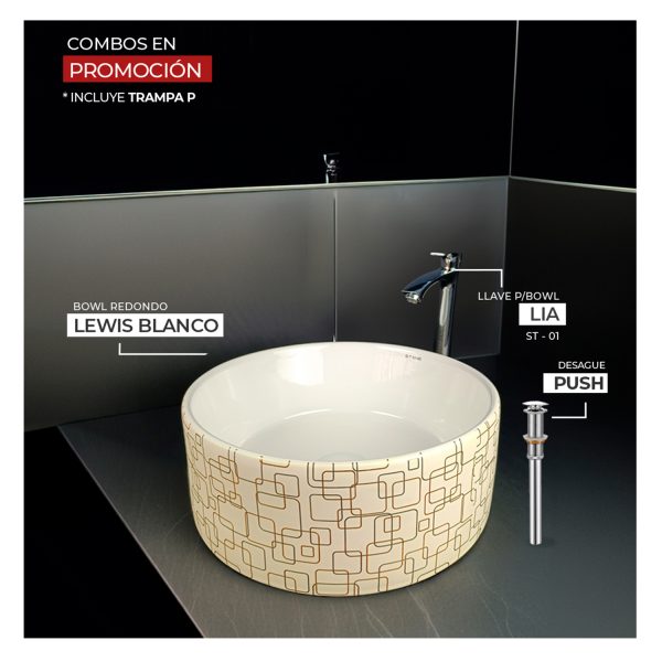 COMBO BOWL REDONDO LEWIS  BLANCO + LIA ST-01 +  DESAGUE PUSH GRANDE PARA BOWL +TRAMPA P