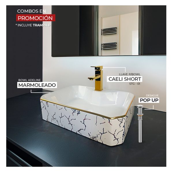 COMBO ADELINE MARMOLEADO+ LLAVE P BOWL CAELI SHORT STG-01 + DESAGUE POP UP GRANDE S/REBOSE PARA BOWL Y TRAMPA P