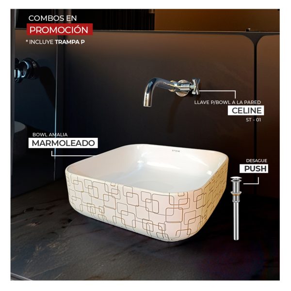 COMBO BOWL  MINIMALISTA  AMALIA MARMOLEADO  +  CELINE ST-01  + DESAGUE PUSH GRANDE PARA BOWL + TRAMPA P